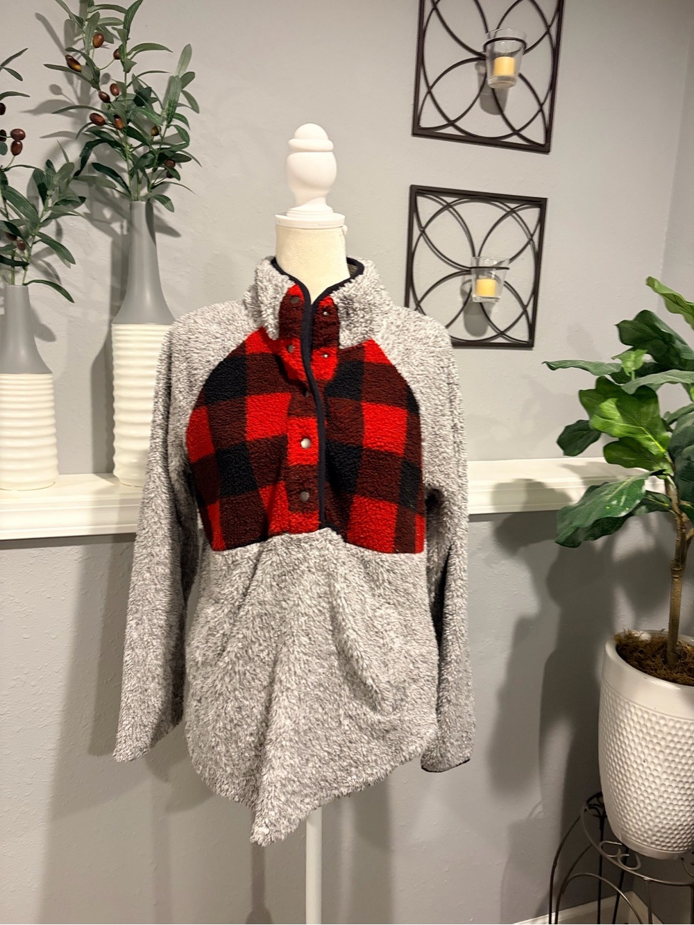 Maurices Grey Pullover with Red and Black Buffalo Plaid Yoke